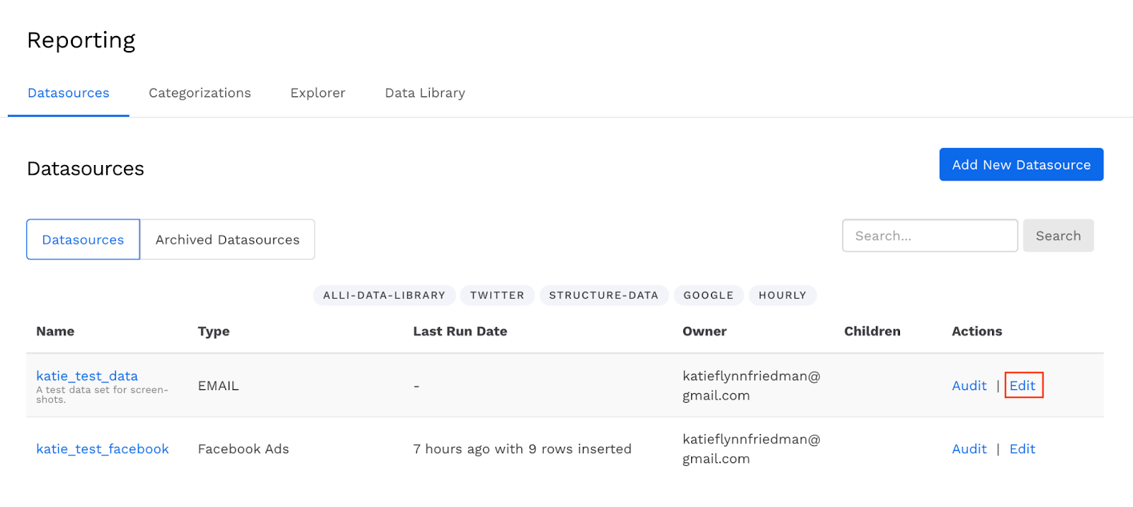 A screenshot displaying the reporting page of Alli. It shows a table with two datasources, katie_test_data and katie_test_facebook. The edit button on katie_test_data is highlighted.