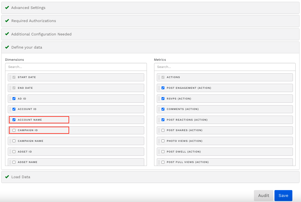 A screenshot showing the expanded Define Your Data section. There are two columns representing dimensions and metrics. The Account Name and Campaign ID dimensions are highlighted.