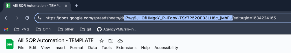 A screenshot of the URL of the Alli SQR Automation - TEMPLATE sheet.