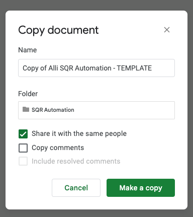 Copy the Alli SQR Automation - TEMPLATE sheet.