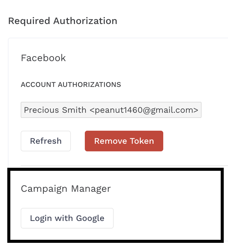 the image displays a section of creative insights settings page that says required authorization with Facebook with an authorized user's information  and Campaign Manager  with a Login With Google button