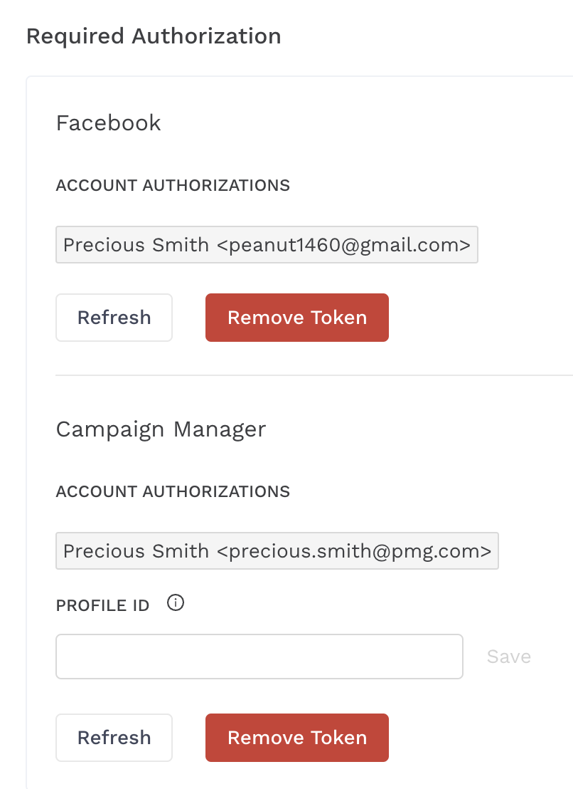 the image displays a section of creative insights settings page that says required authorization with both Facebook and Campaign Manager with an authorized user's information